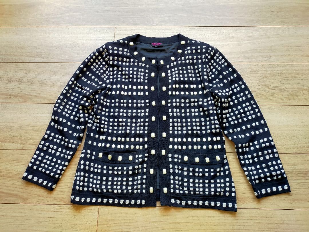 極美品YUKI TORII ユキトリイ 黒華やか上品ドットリ柄カーディガン40