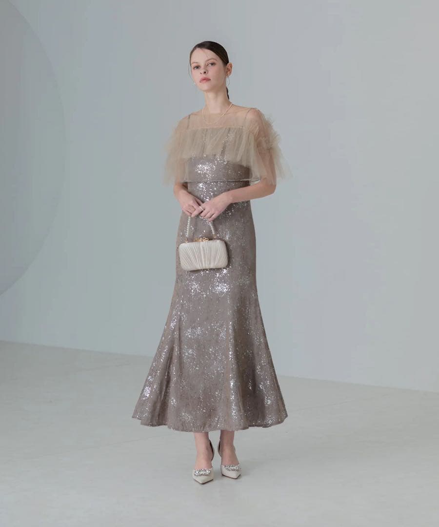 Leja チュールフリルボレロペイントマーメイドドレス グレー　S