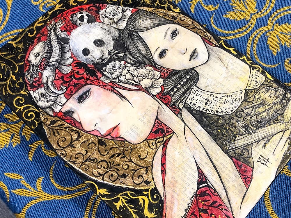 手描き絵画「広場の出来事」日本画　オリジナル　原画