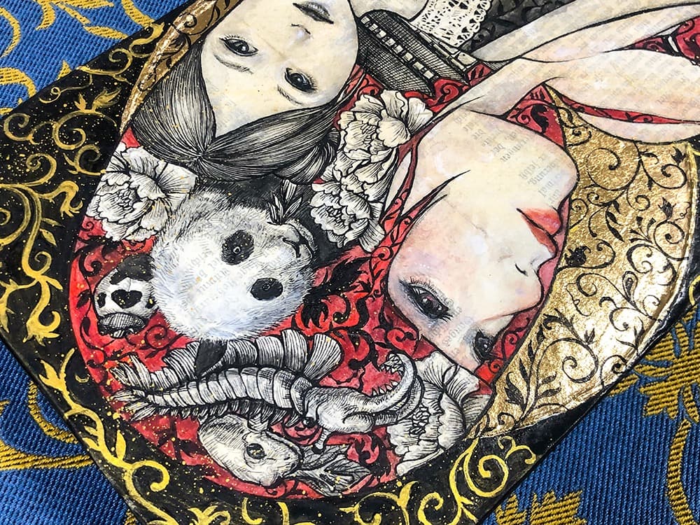 手描き絵画「広場の出来事」日本画　オリジナル　原画