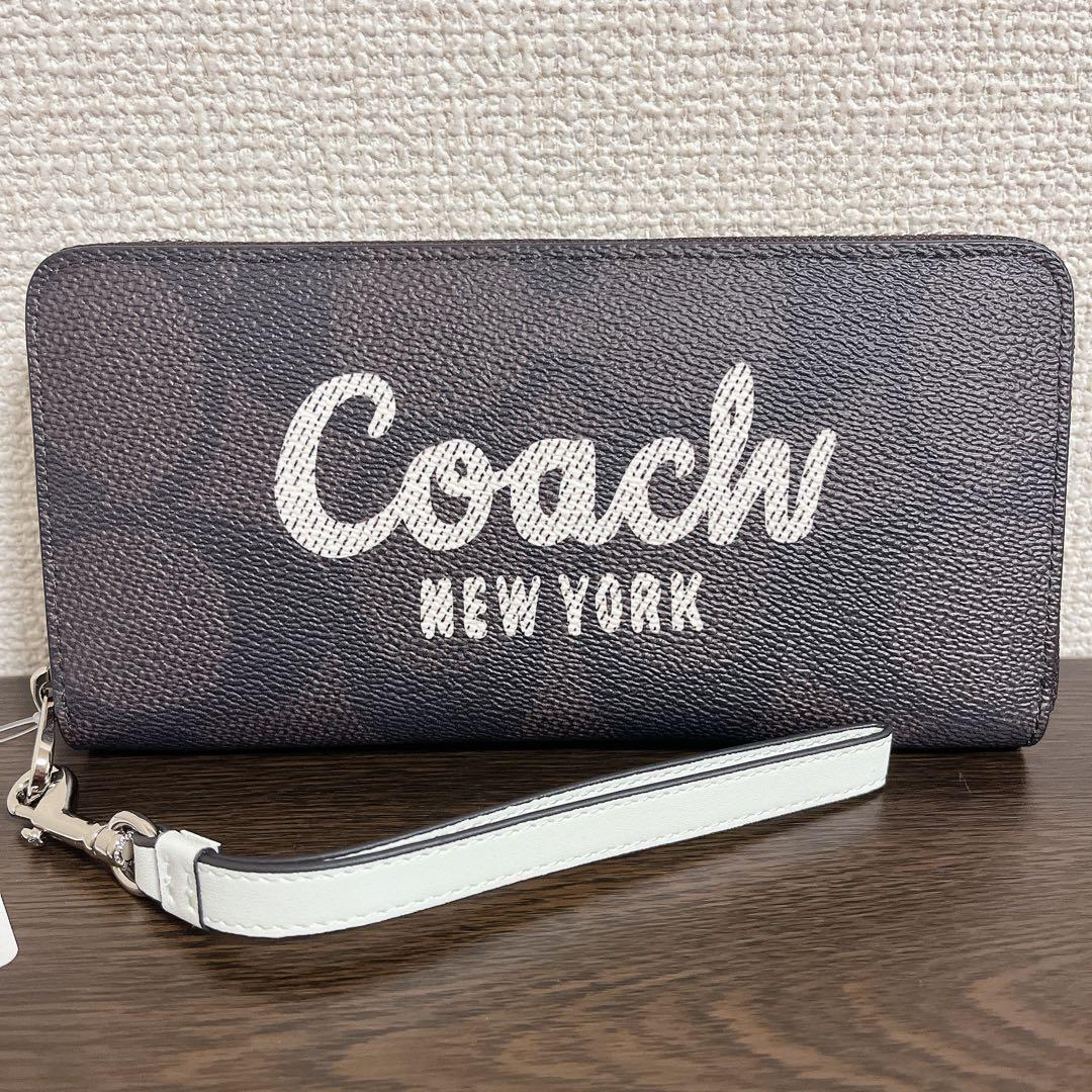 COACH 長財布　ブラウン　ストラップ付き　シグネチャー　ホワイト
