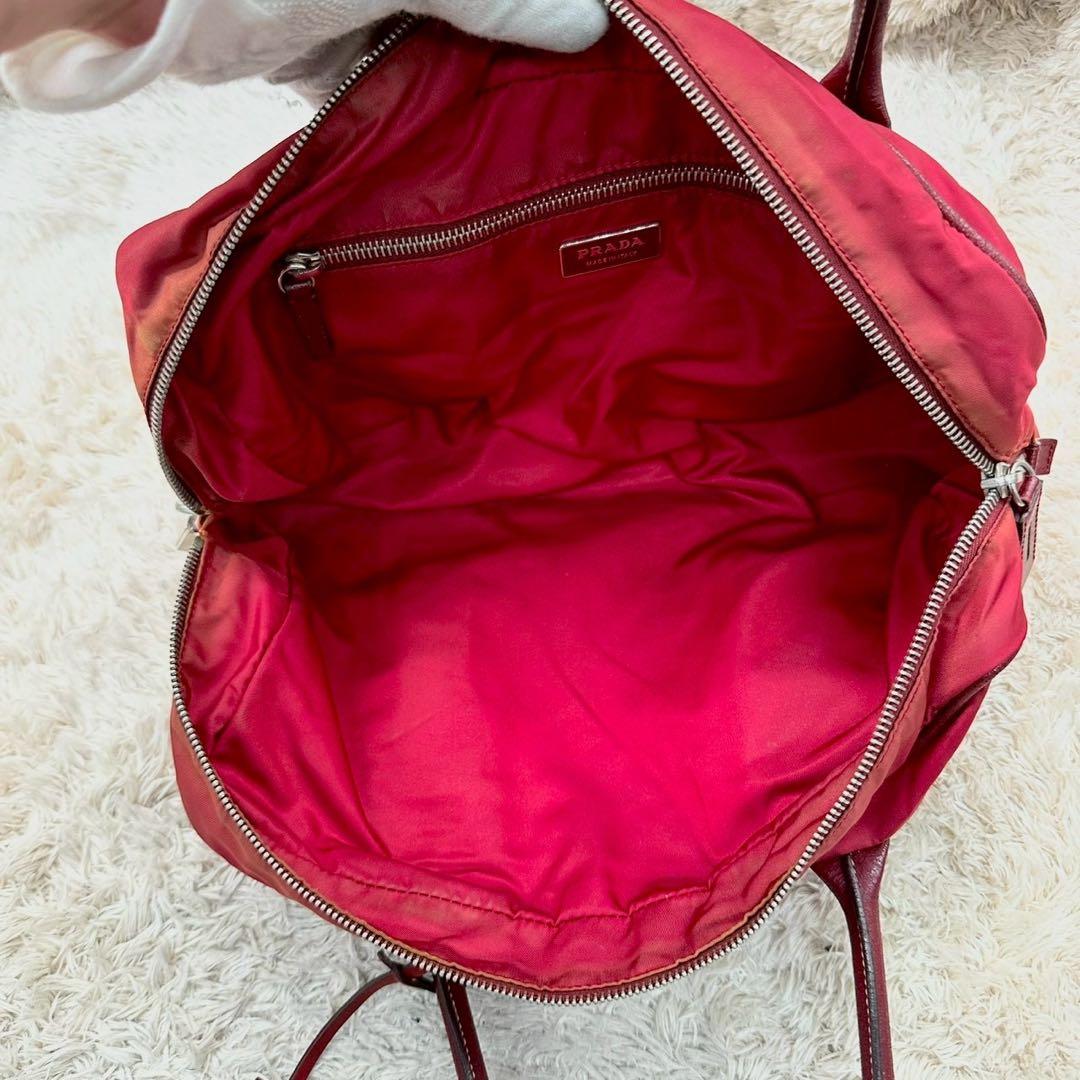 【希少】PRADA ミニボストン ナイロン レザー 三角ロゴ 南京錠 白タグ 赤