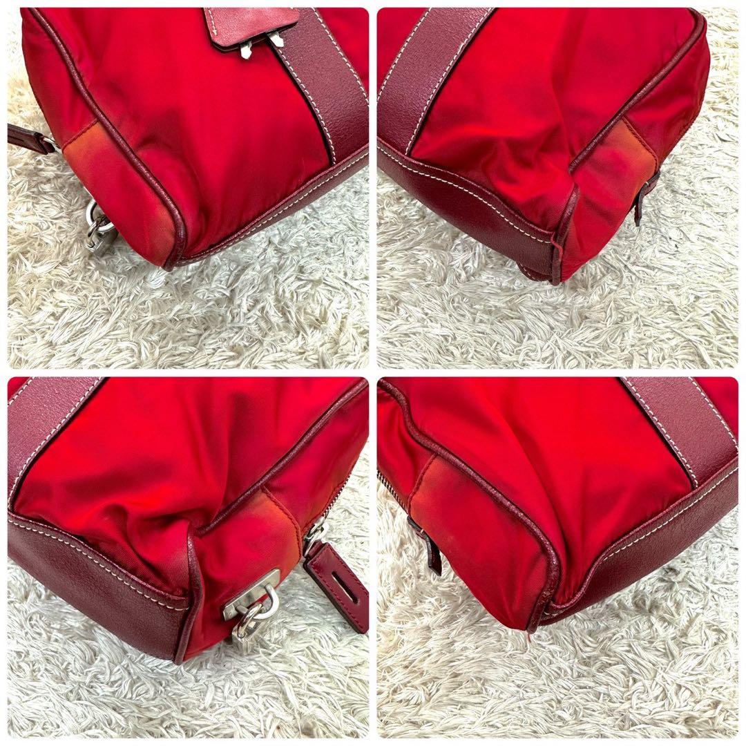 【希少】PRADA ミニボストン ナイロン レザー 三角ロゴ 南京錠 白タグ 赤
