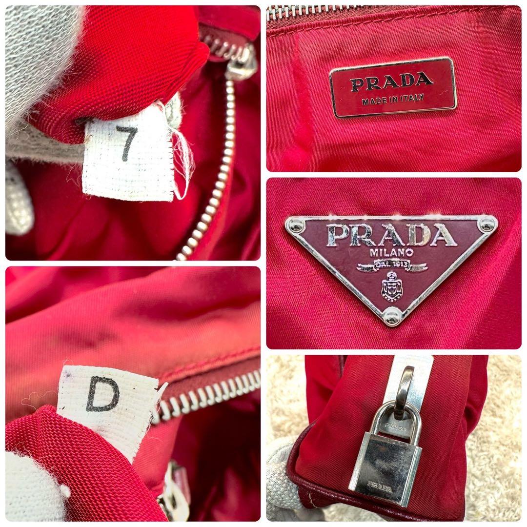 【希少】PRADA ミニボストン ナイロン レザー 三角ロゴ 南京錠 白タグ 赤