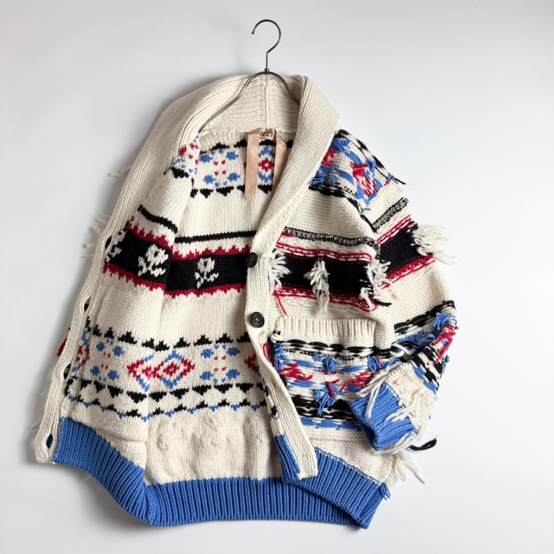 美品　N°21　モヘヤ混　フェアアイル　ビジュー　ショールカラー　カーディガン
