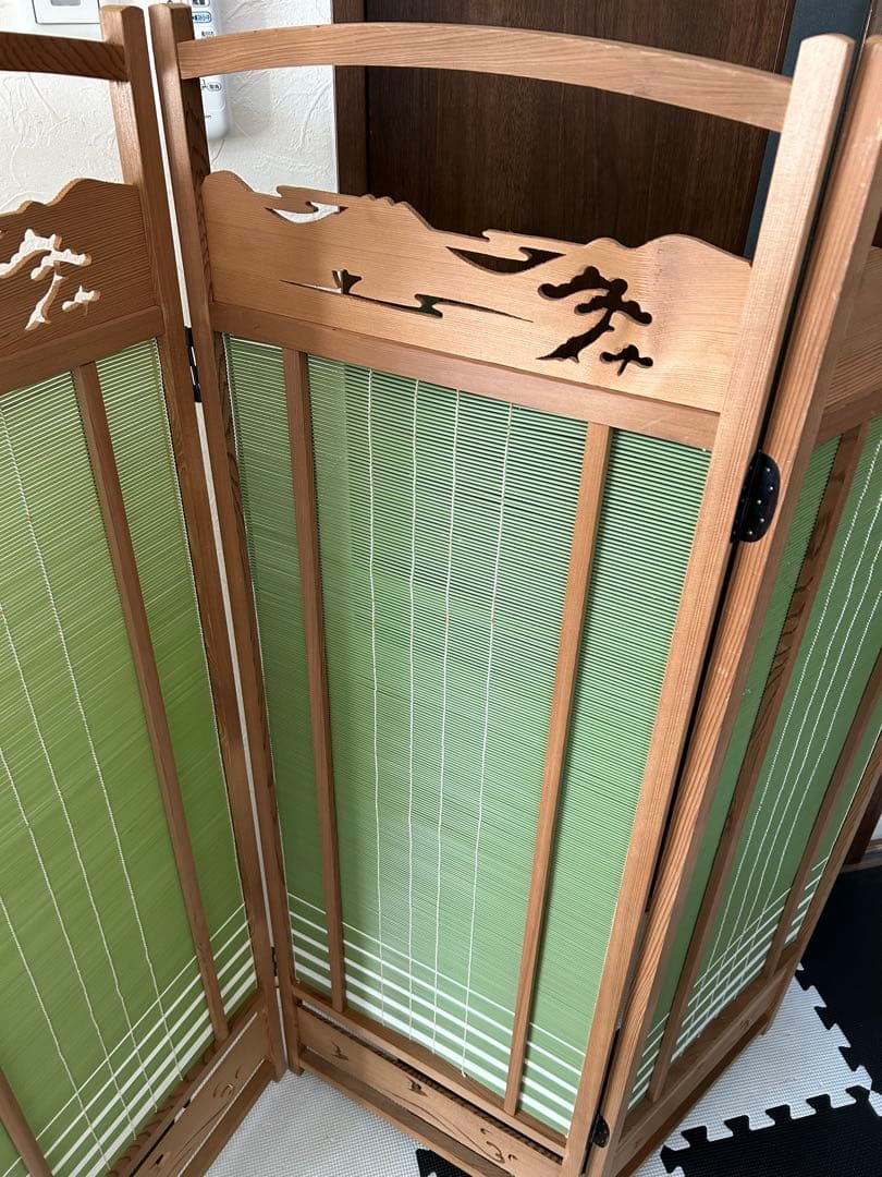 昭和レトロ 古家具 木製衝立 4連 パーテーション 間仕切り 仕切り屏風　透かし