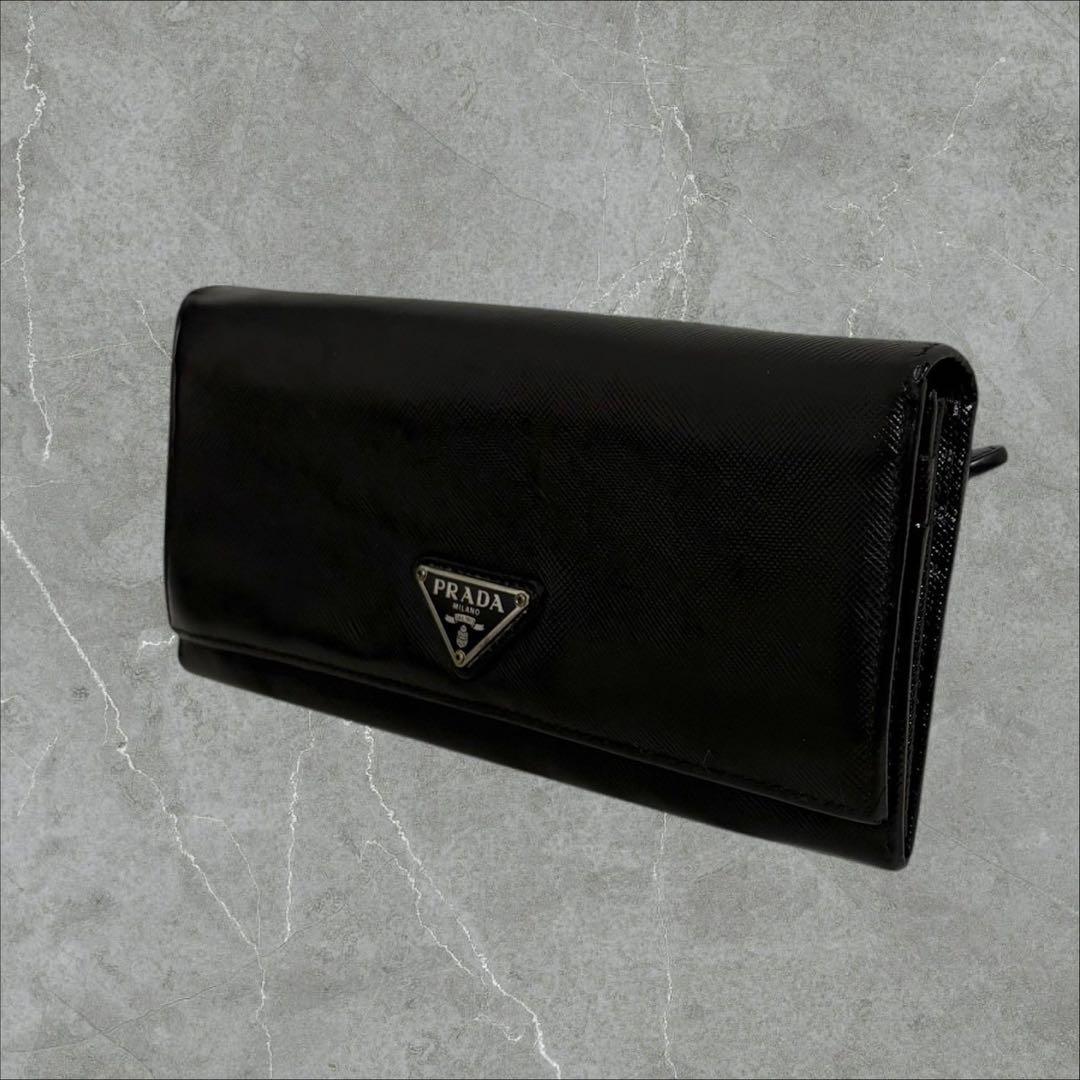 美品✨PRADA プラダ 長財布 二つ折り財布 サフィアーノ ブラック 三角