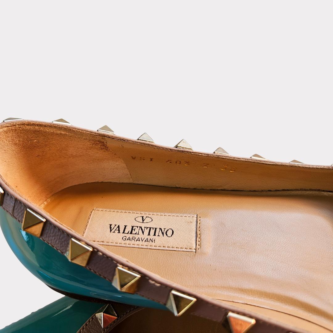 ヴァレンティノ フラット 38 ターコイズ ブルー エナメル パンプス