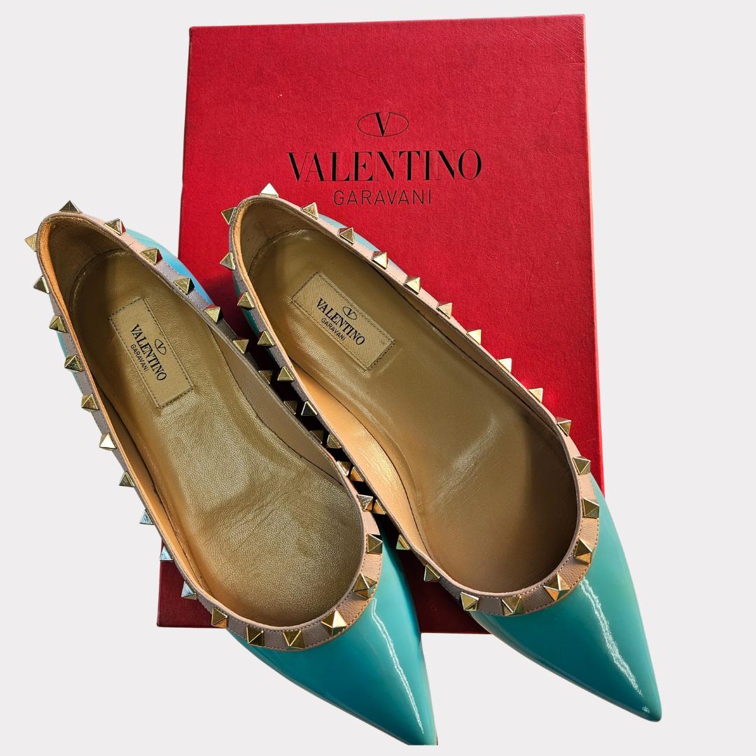 ヴァレンティノ フラット 38 ターコイズ ブルー エナメル パンプス