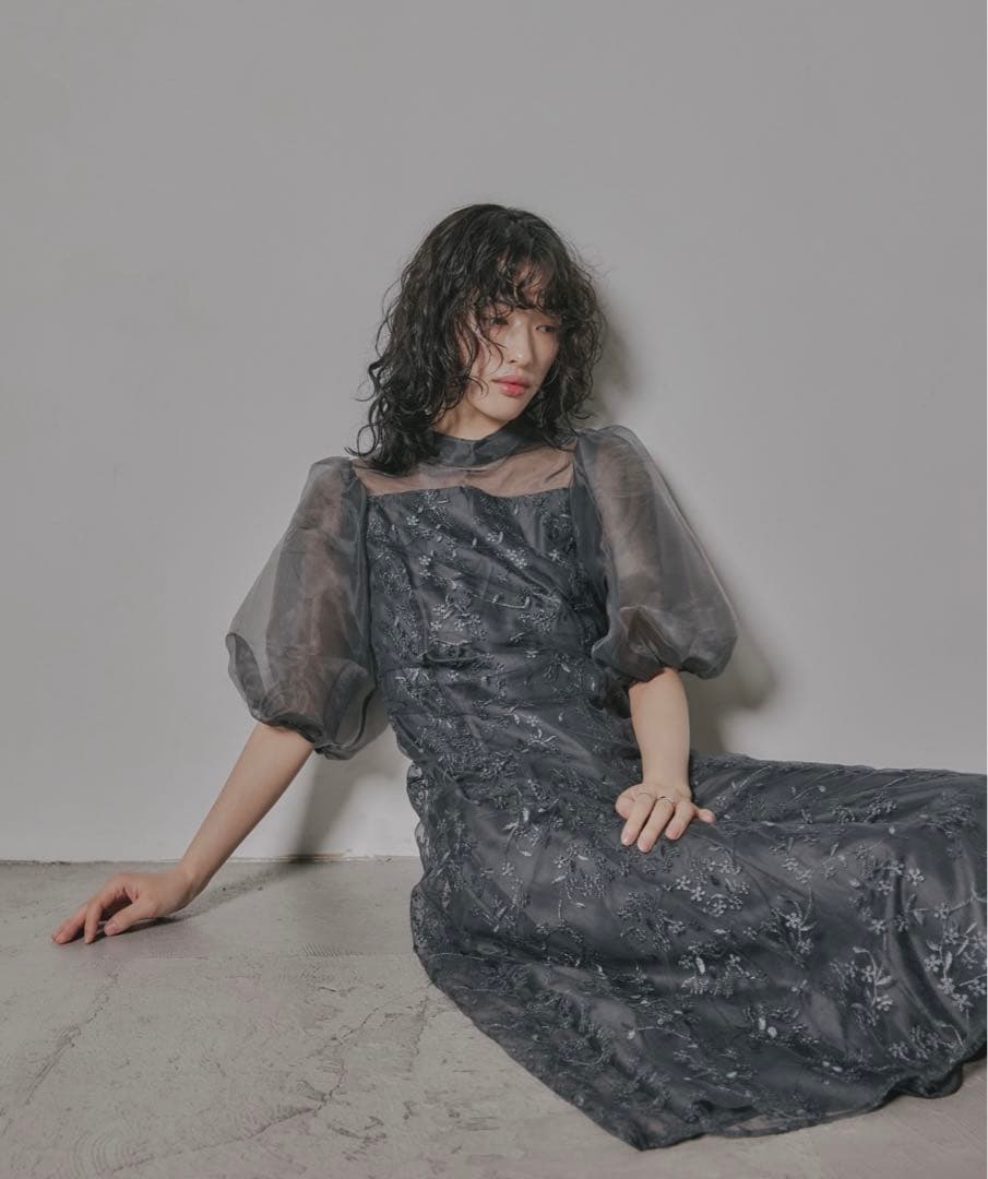 花柄刺繍 シースルーパフスリーブドレス