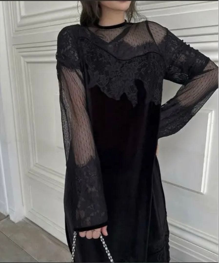 美品　dot tulle panel lace velour OP ブラック