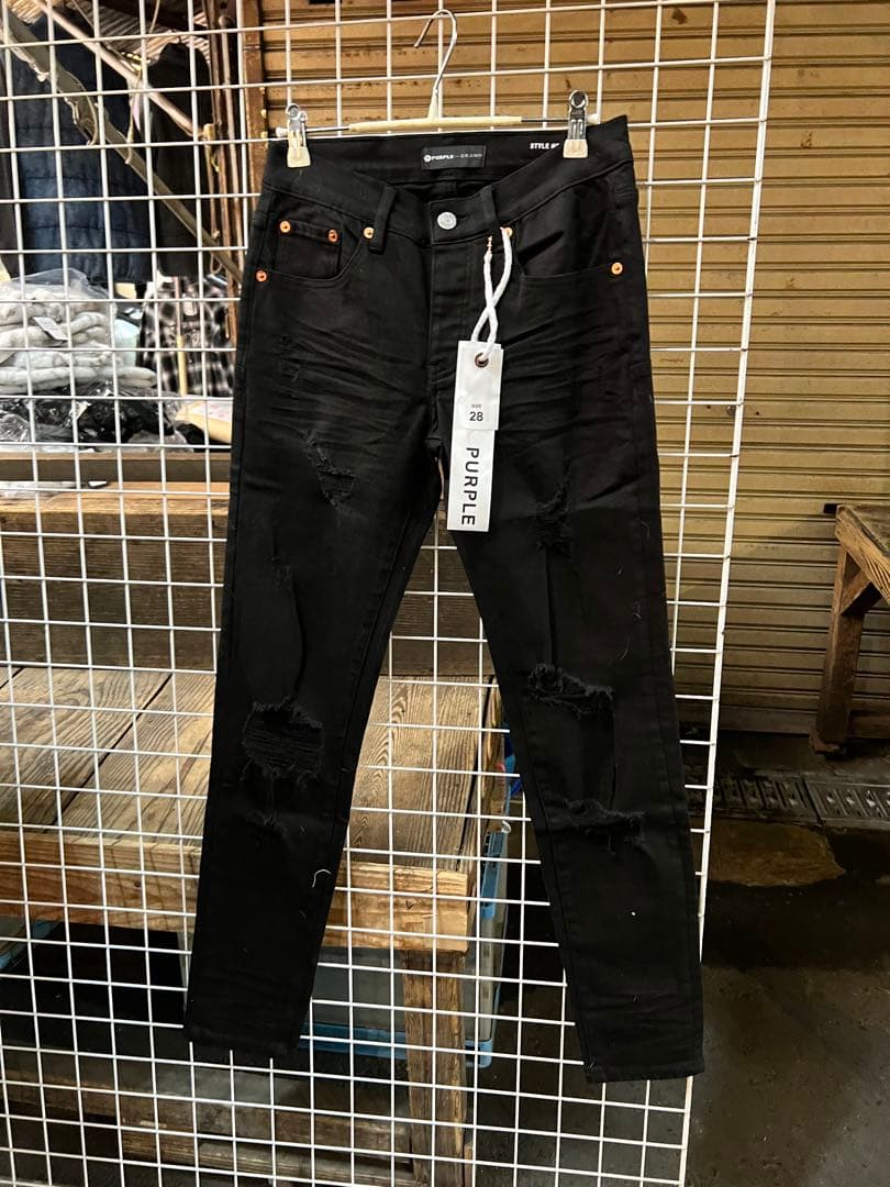 purpleデニム ブラック サイズ28 ダメージ加工