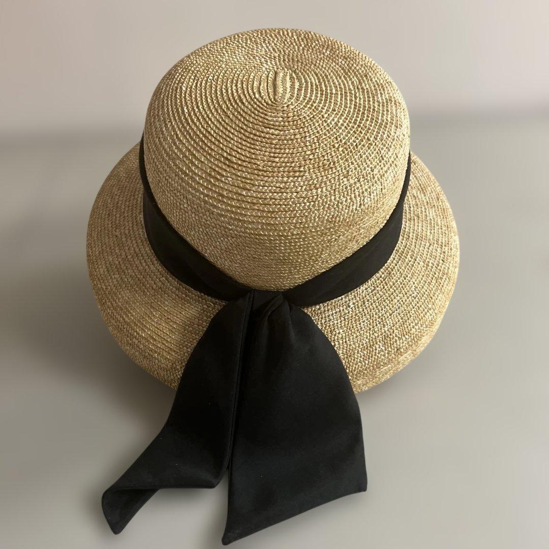 リボン付き麦わら帽子 ベージュと黒
