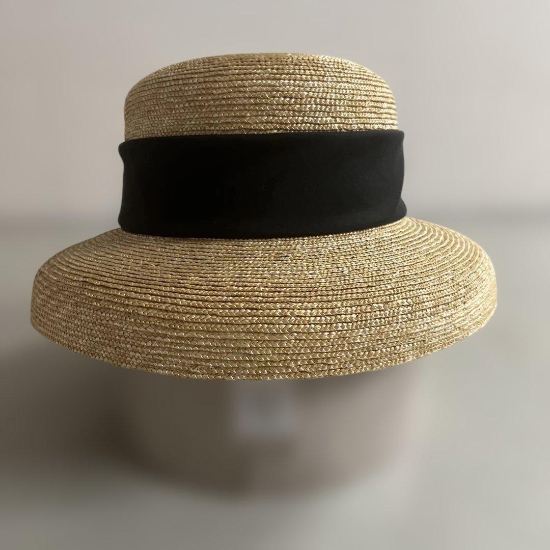 リボン付き麦わら帽子 ベージュと黒