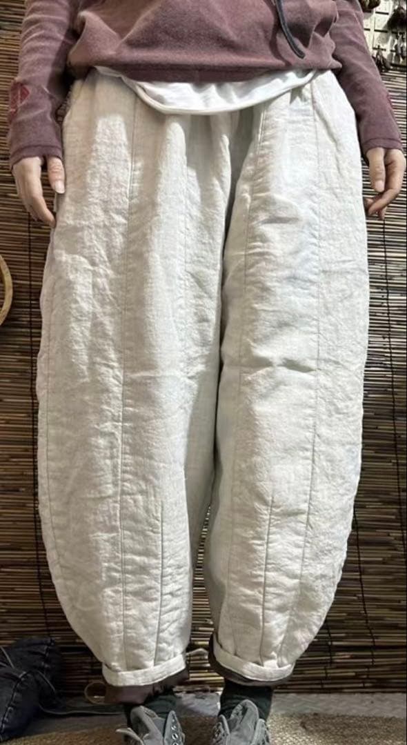 素朴 シンプル　 中綿リネンガウチョパンツ　ゆったり