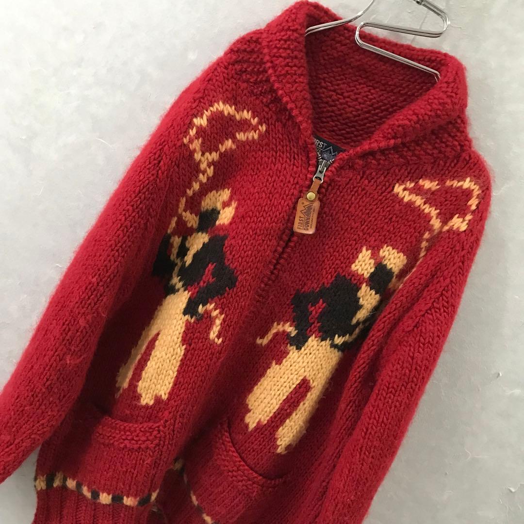 90s FIRST DOWN カウボーイ カウチン ニット ヴィンテージ M 赤