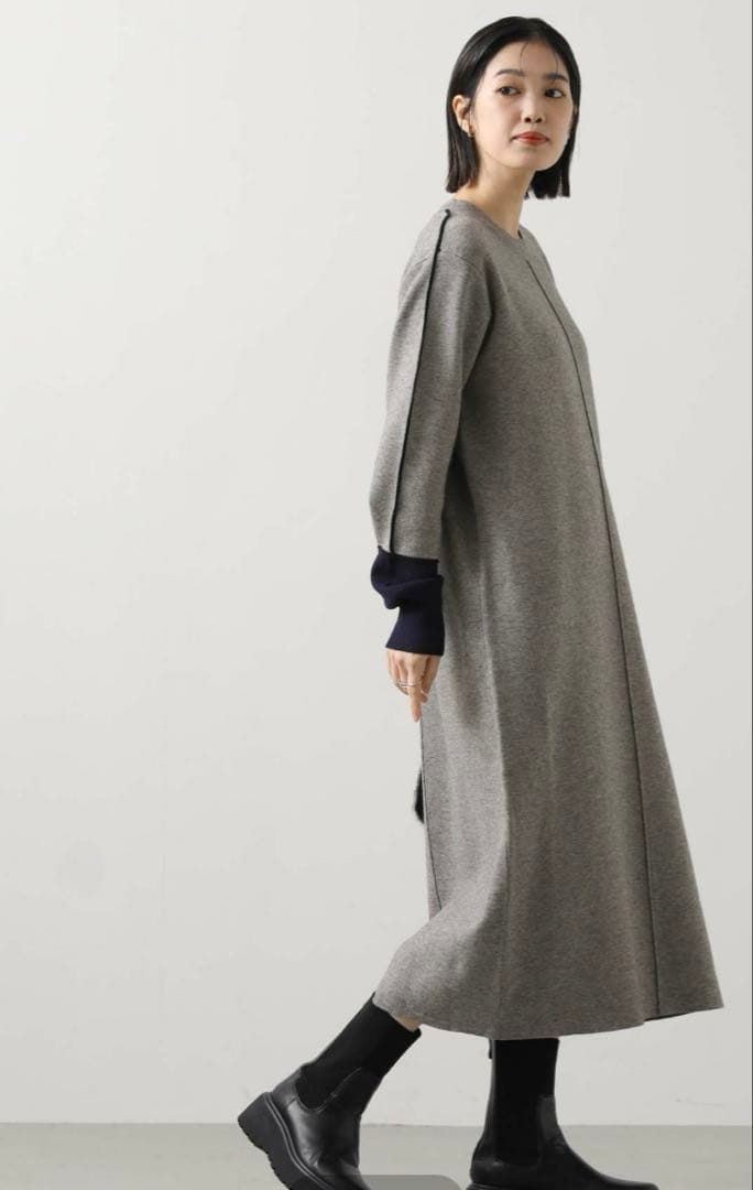 Gready Brilliantライン配色ミラノリブワンピース　グレー