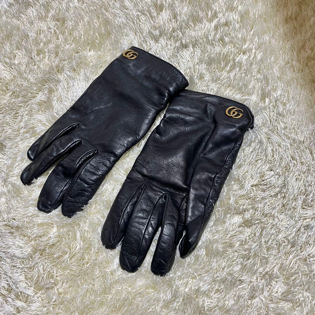 極美品✨ GUCCI ブラック レザー手袋 GG マーモント カシミヤ