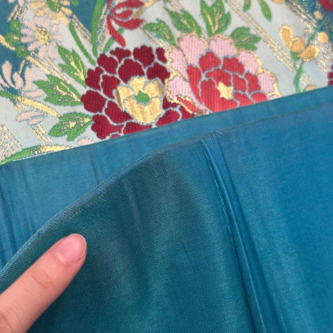 超美品　正絹　着物 和服　名古屋帯　333 納戸色　青緑　アンティーク　金