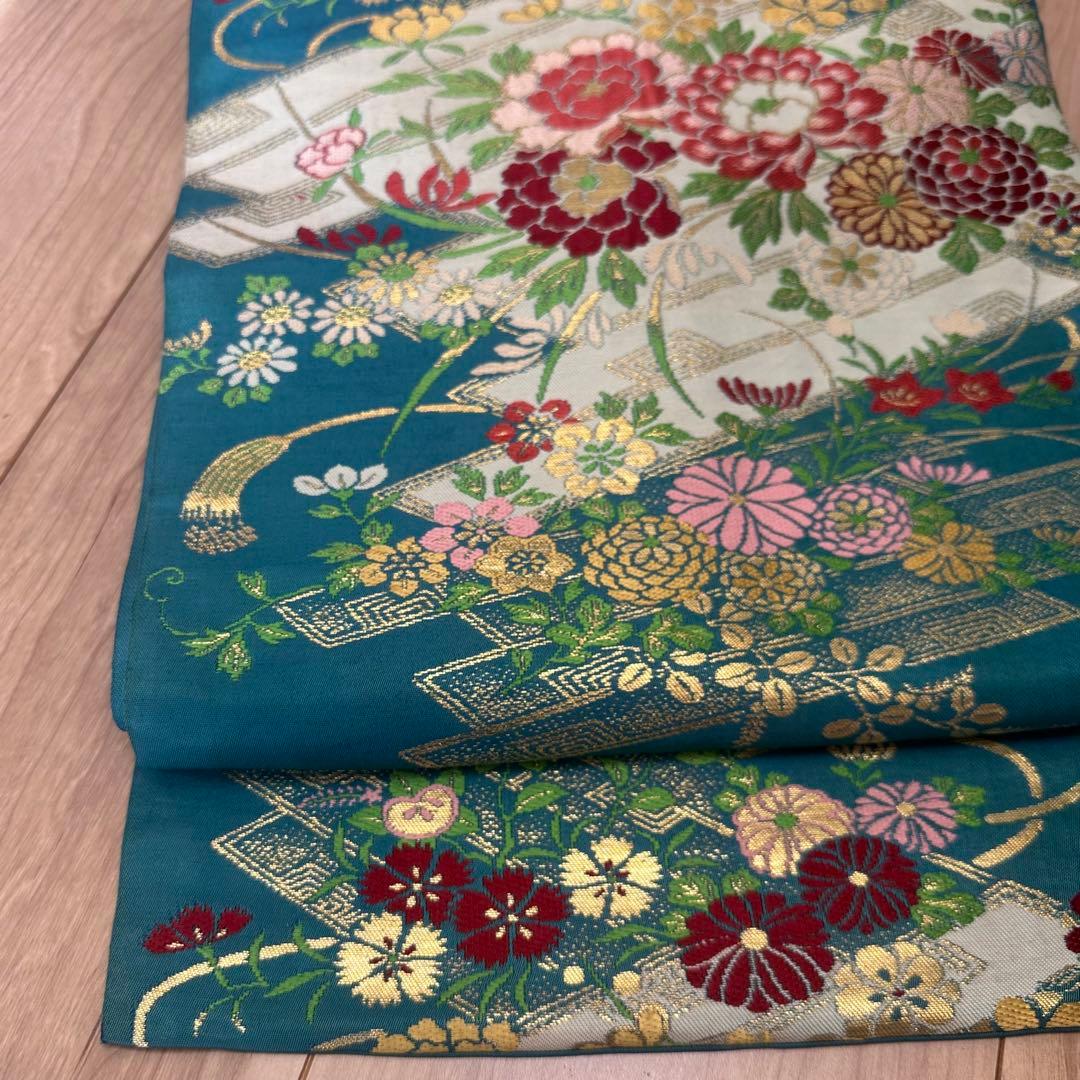 超美品　正絹　着物 和服　名古屋帯　333 納戸色　青緑　アンティーク　金