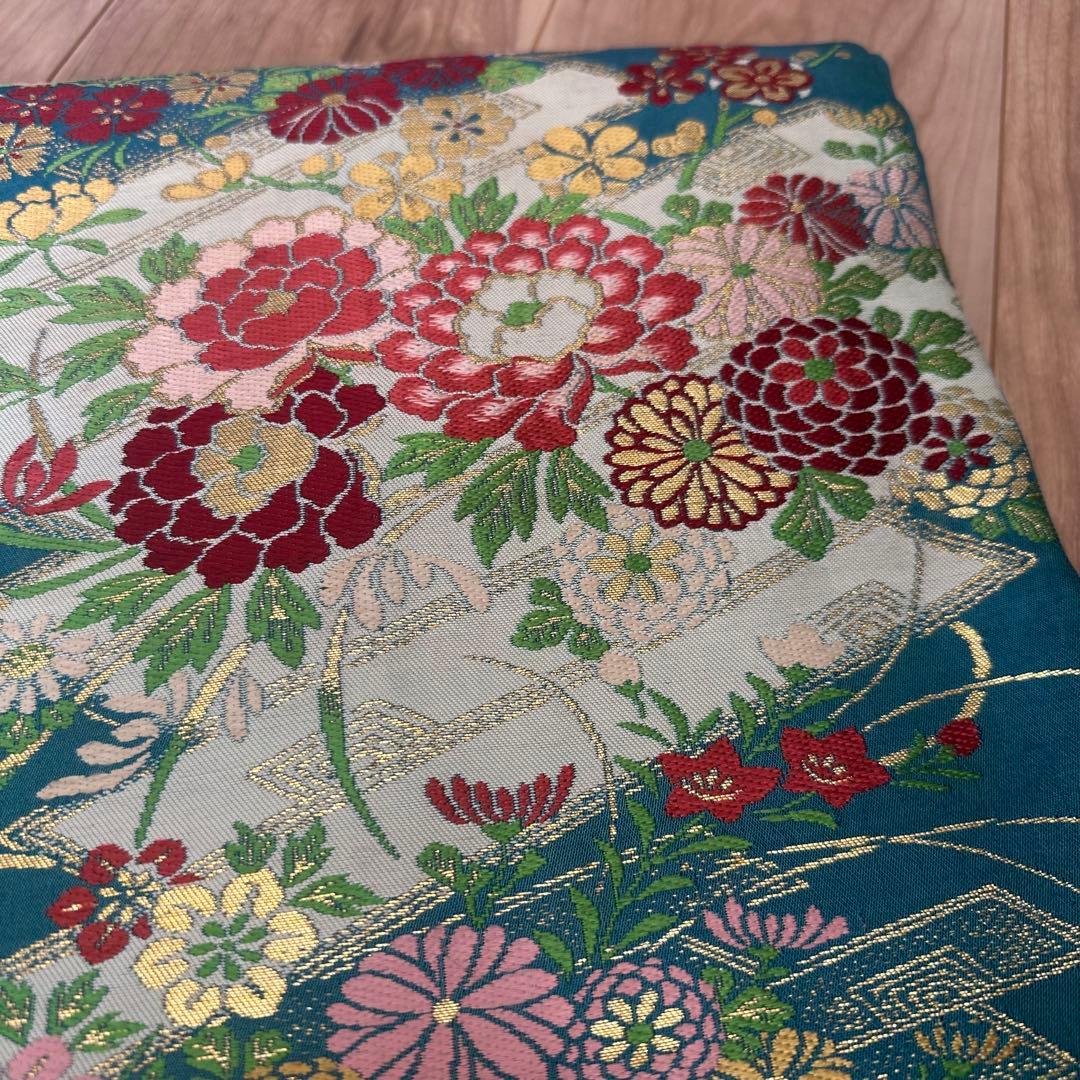超美品　正絹　着物 和服　名古屋帯　333 納戸色　青緑　アンティーク　金