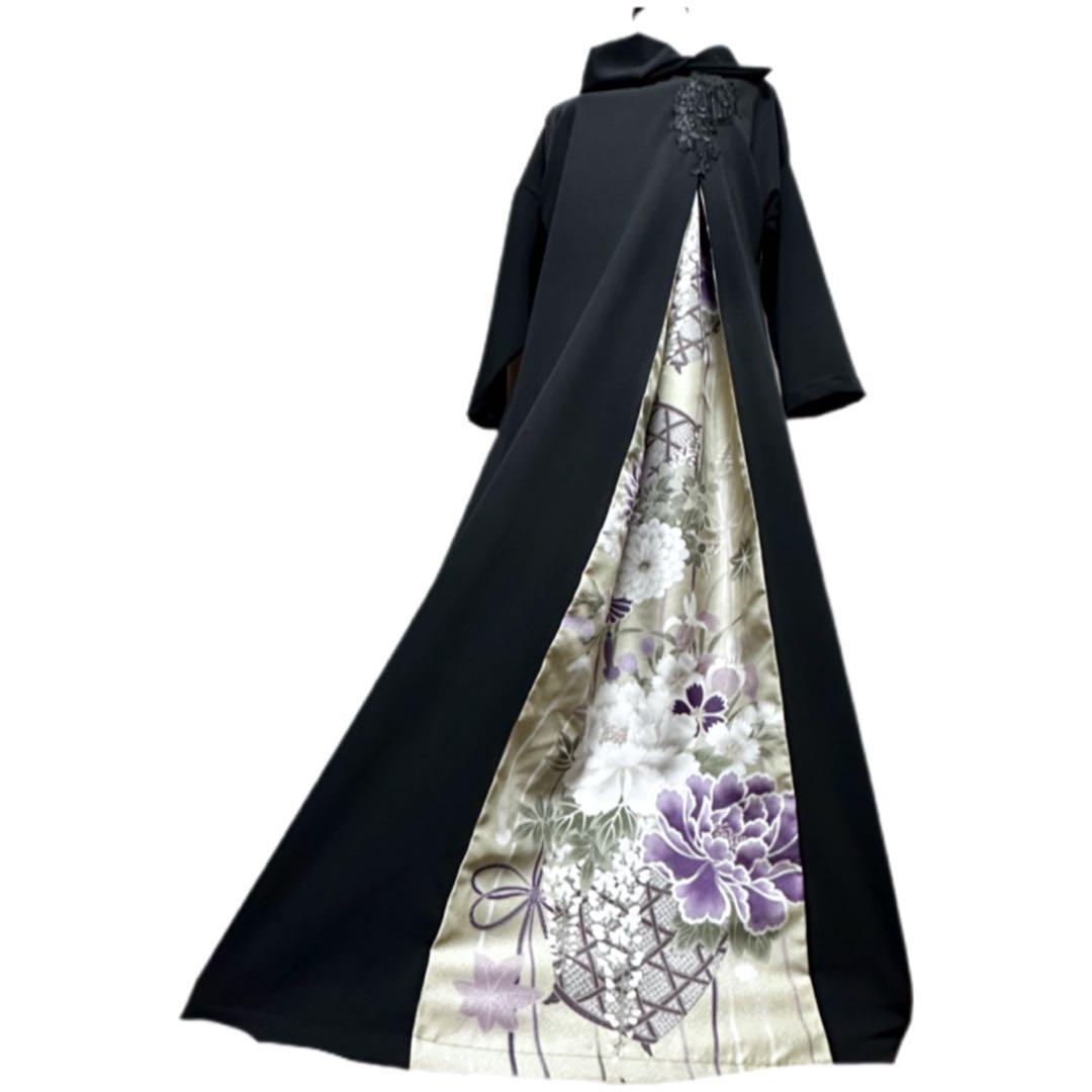 振袖　着物リメイク　ドレス　黒×花籠と牡丹や菊　和柄　ワンピース　ハンドメイド