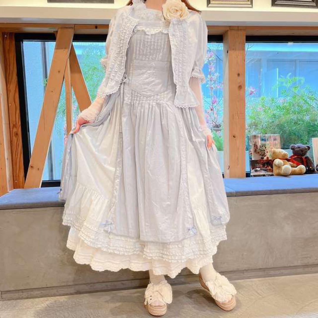 【新品タグ付き】ピンクハウス 配色ローンレイヤードワンピース　ブルー