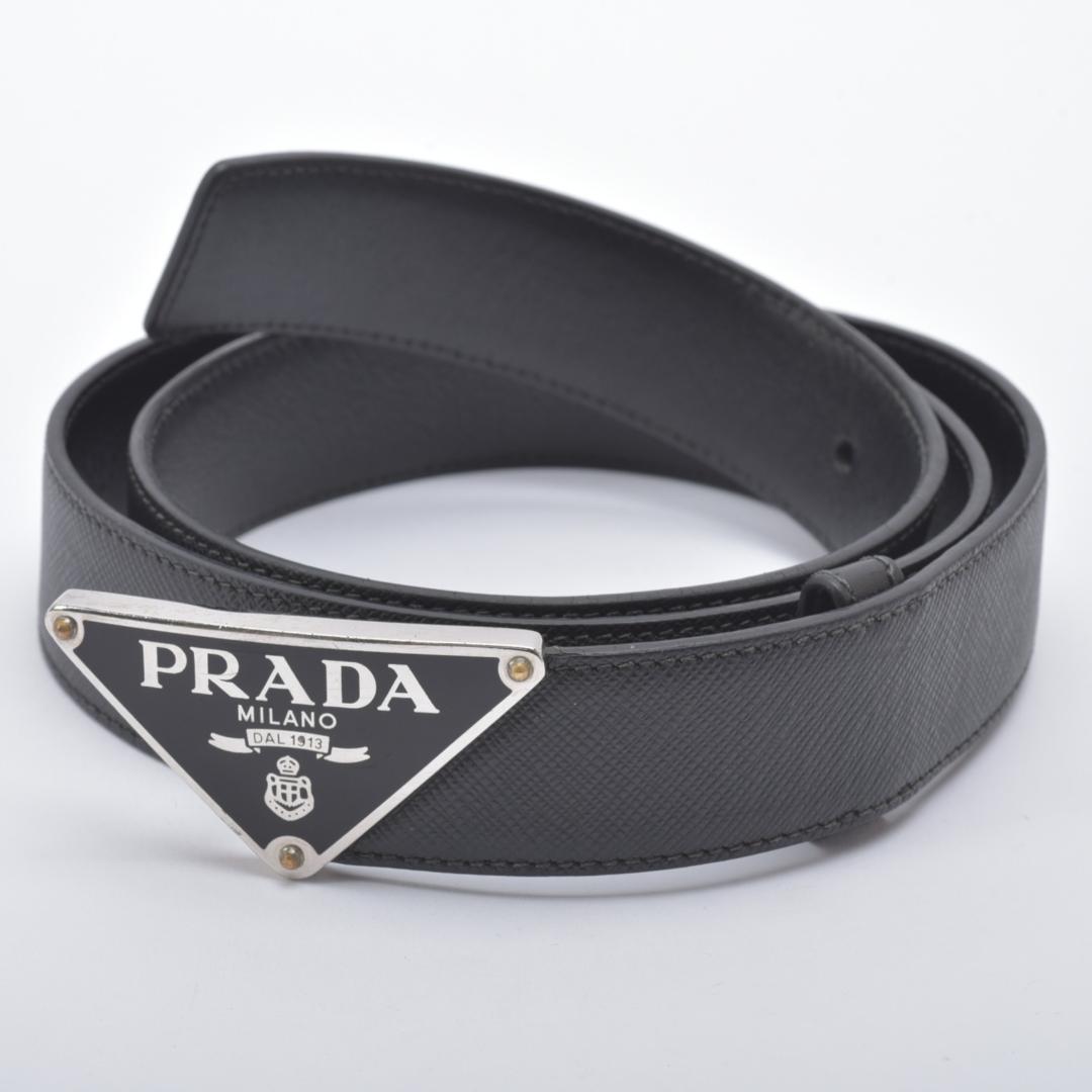 美品 PRADA プラダ ベルト ブラック サフィアーノレザー 三角プレート