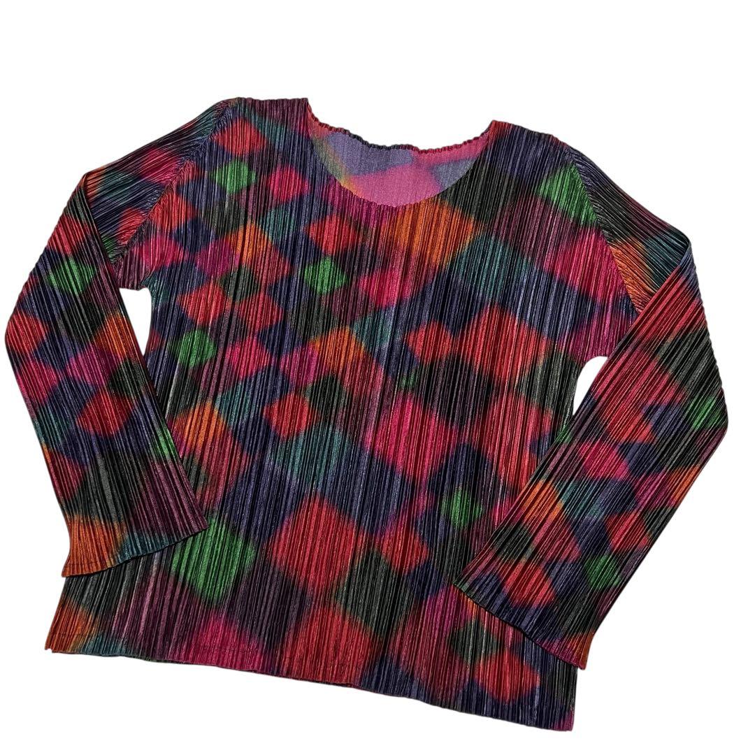 プリーツプリーズ 長袖シャツ カットソー L相当3 マルチカラー 総柄 ネオン