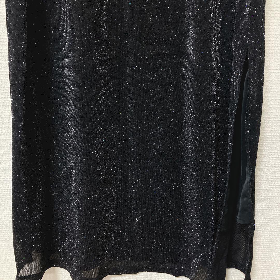 mayu　レジャ　レースネック透け袖スリットキラキラロングドレスワンピース