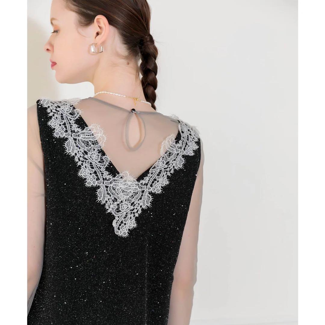 mayu　レジャ　レースネック透け袖スリットキラキラロングドレスワンピース