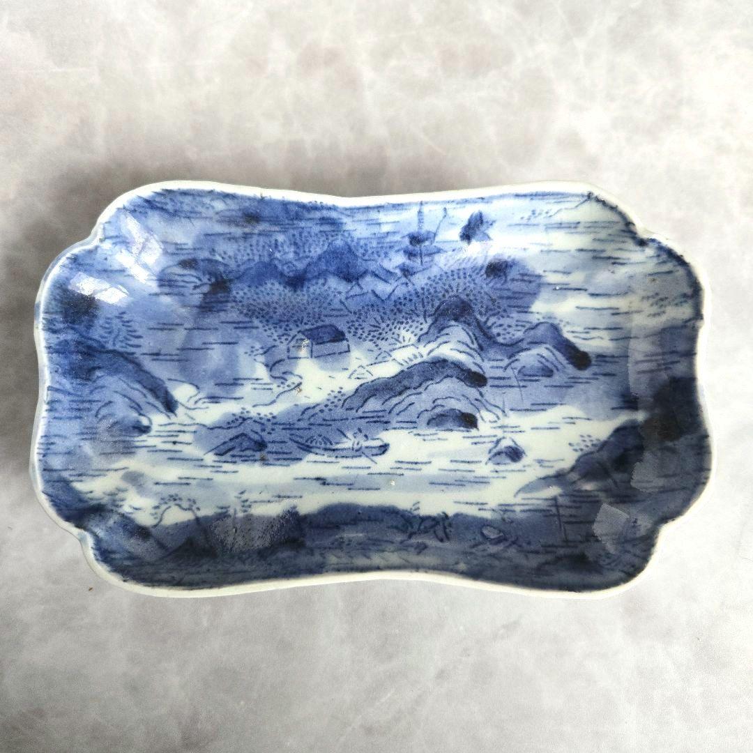 古伊万里　染付　隅入長皿　型紙摺印判　江戸時代　骨董　アンティーク