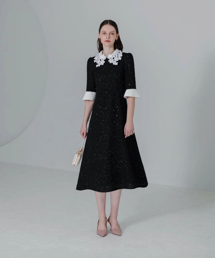 【美品】LAJA 花柄レースカラースパンコールAラインワンピースドレス