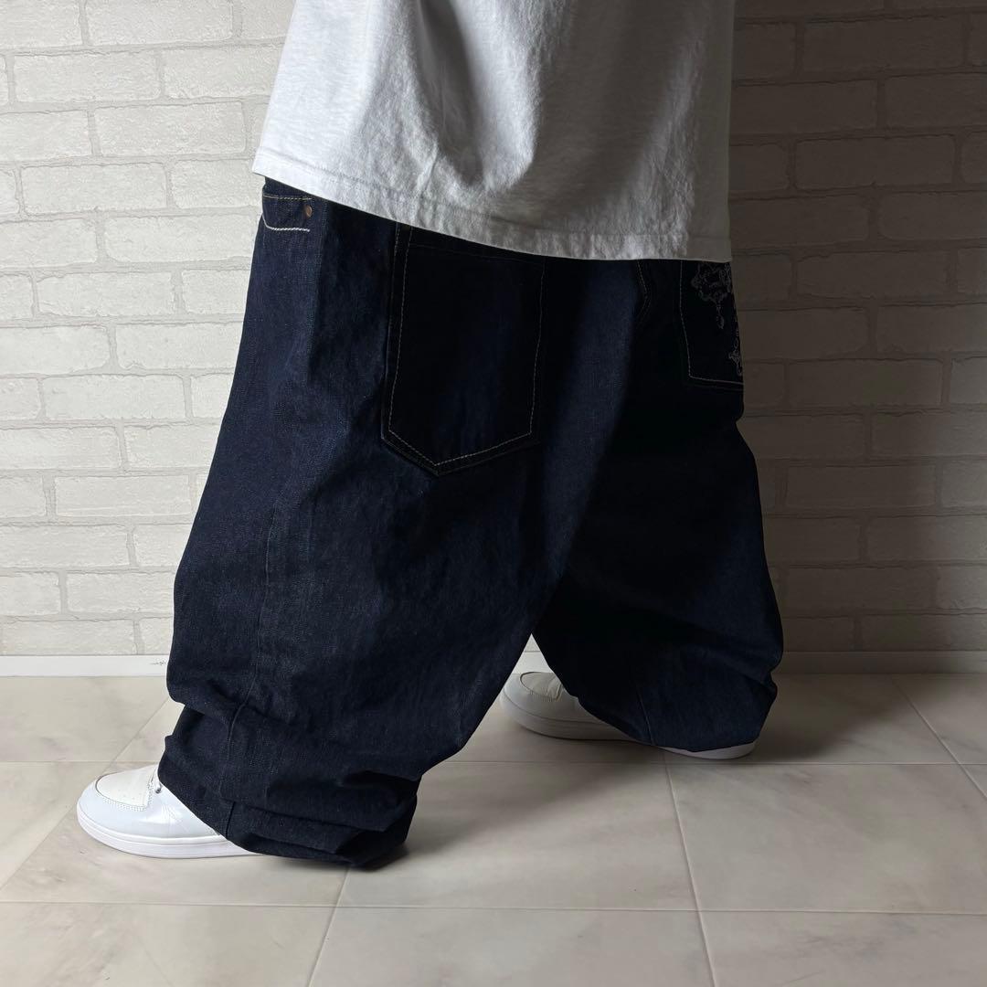 規格外！w50 カールカナイ 超極太 デニム バギーパンツ 濃紺 プリント B系
