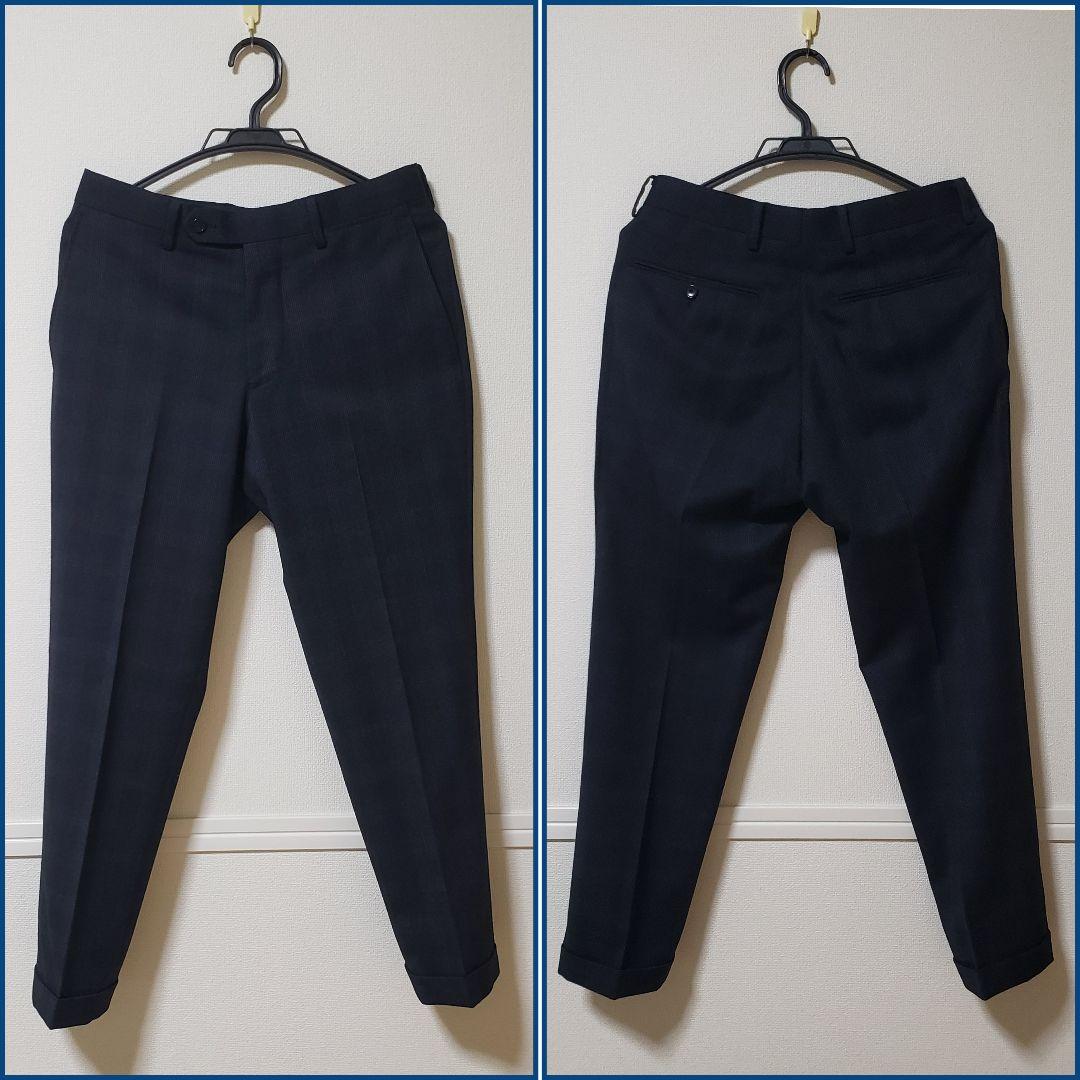 極美品】EDIFICEエディフィス/チェック柄/裾ダブルスラックス44ネイビー