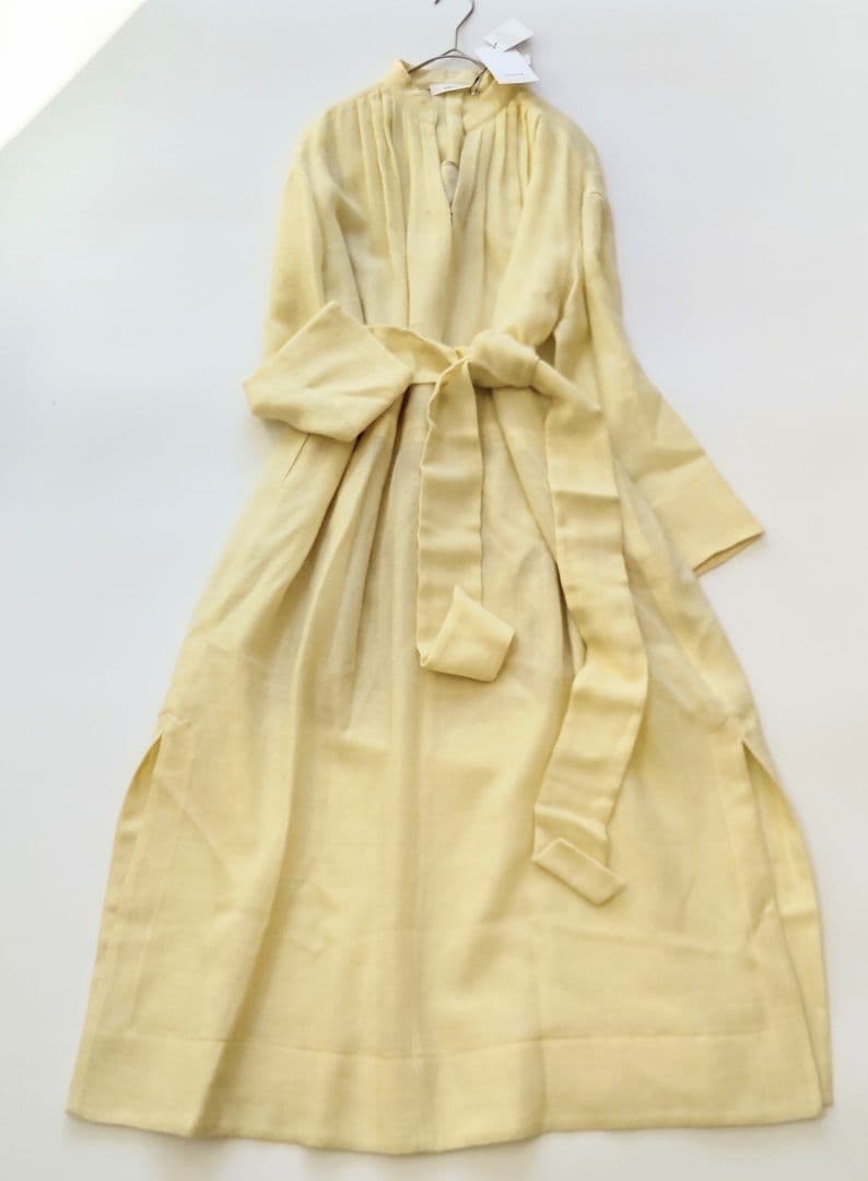 未使用 タグ付 エブール 長袖 ウール ベルト ロングワンピース イエロー 36