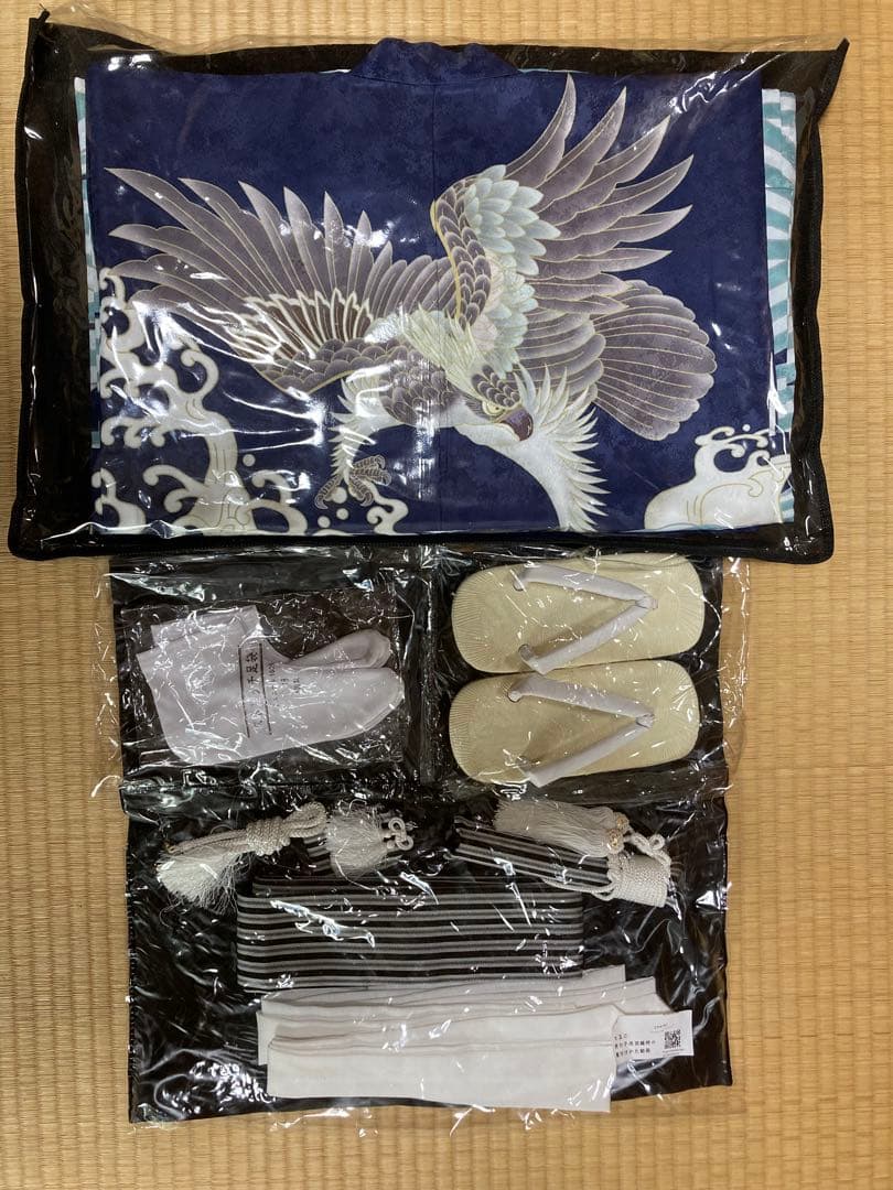 ［美品］七五三 男の子5歳　羽織袴セット　青地　鷹　宝船　縞袴