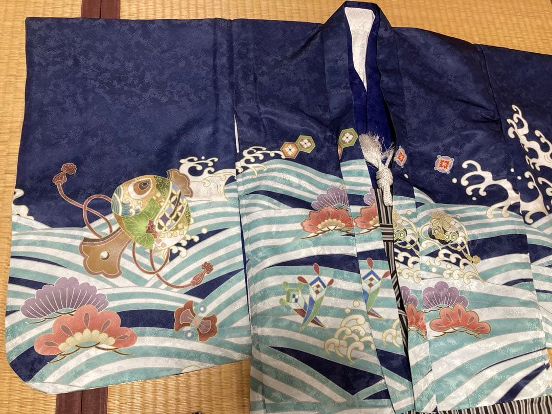 ［美品］七五三 男の子5歳　羽織袴セット　青地　鷹　宝船　縞袴