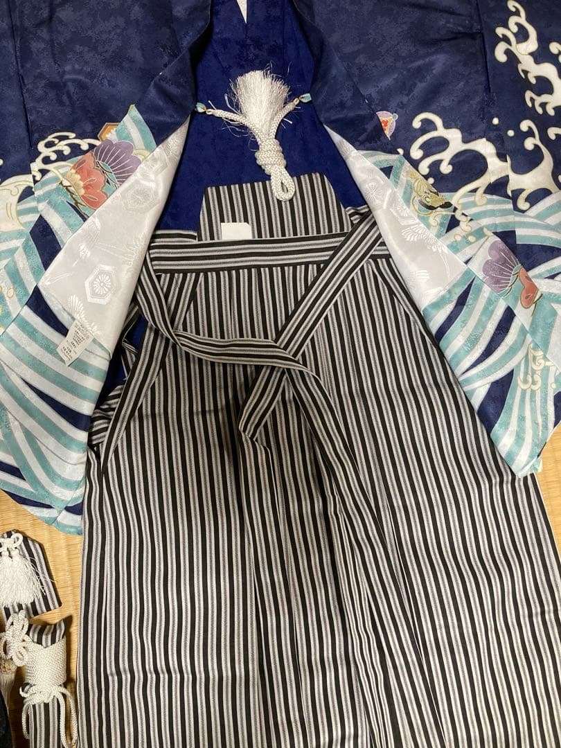 ［美品］七五三 男の子5歳　羽織袴セット　青地　鷹　宝船　縞袴