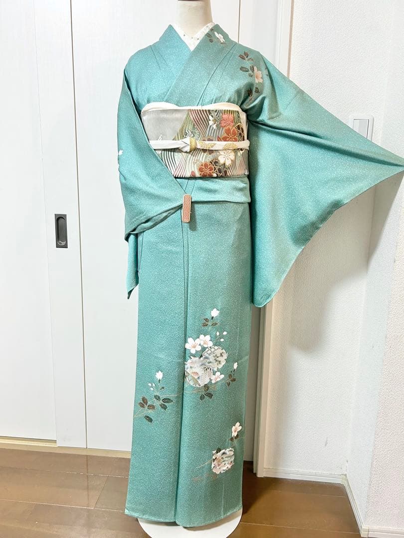 美品　裄丈長め　しつけ糸付き　正絹訪問着　フルセット4点　入学式　お宮参り