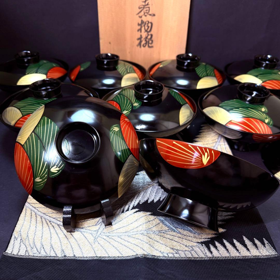 漆器　輪島塗　木製　蒔絵　溜塗　吸物椀　大きめ　蓋付椀　汁椀　10客　共箱