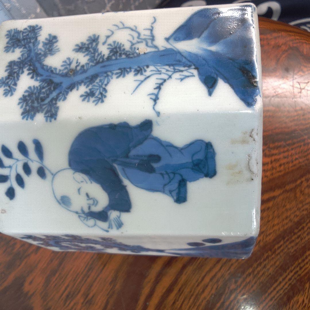 骨董５青い絵柄の八角形陶器鉢