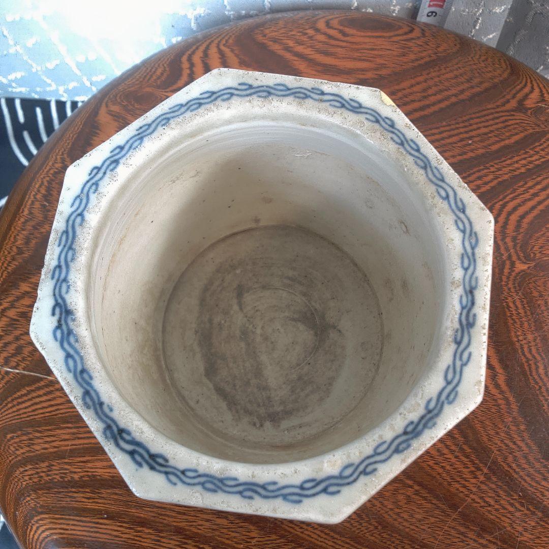 骨董５青い絵柄の八角形陶器鉢