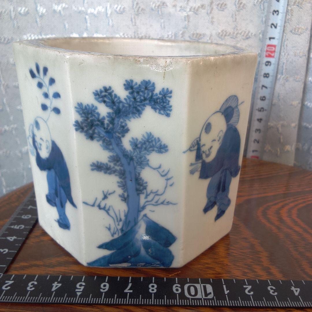 骨董５青い絵柄の八角形陶器鉢