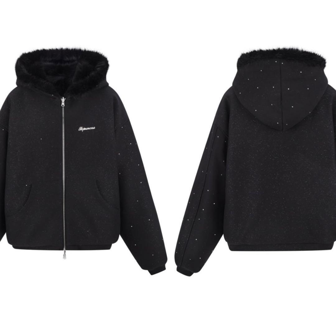 トップス ANDWANG Kirakira 2way fur zip up BLACK