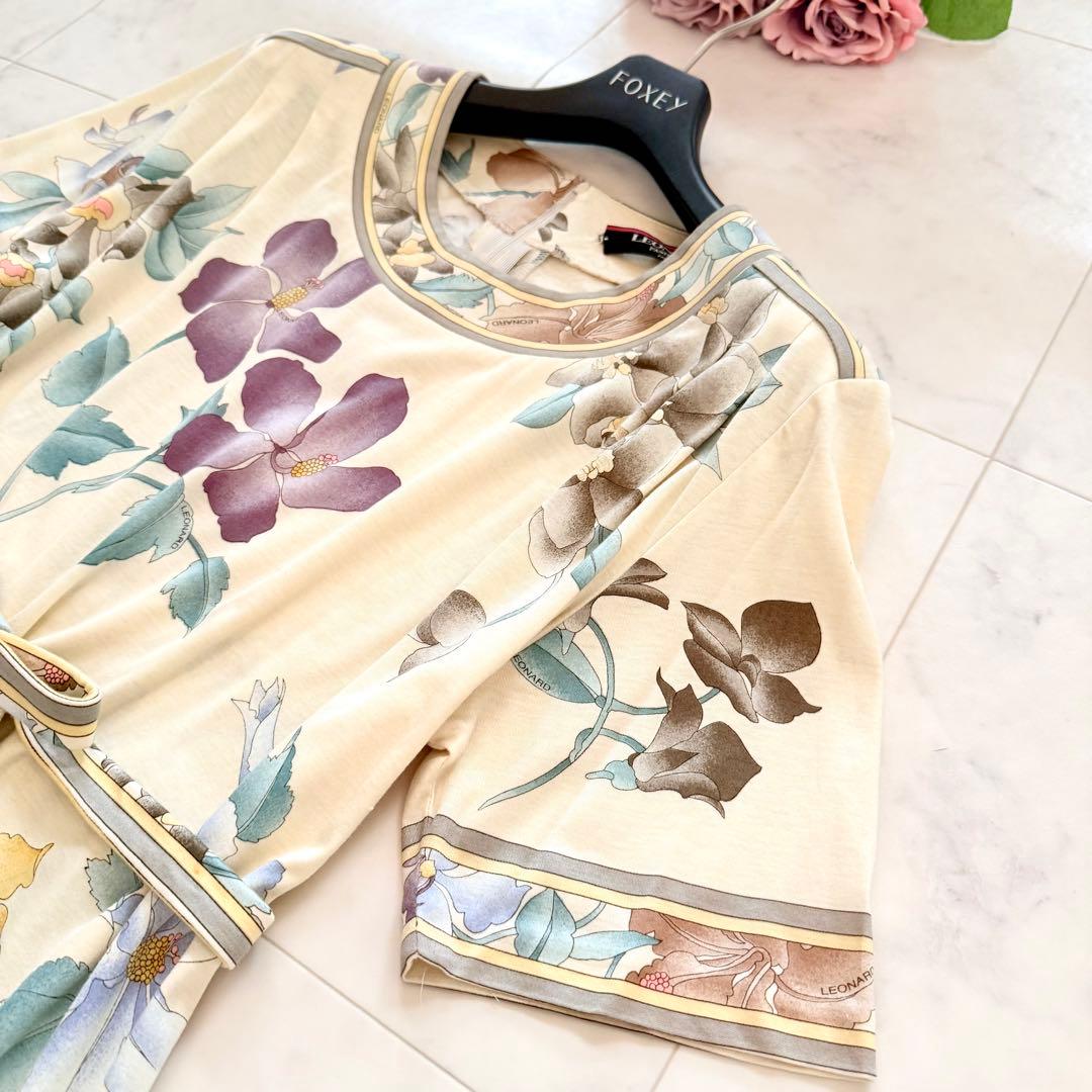 美品★レオナール ロングワンピース ベルト付き 花柄 トリム コットン L