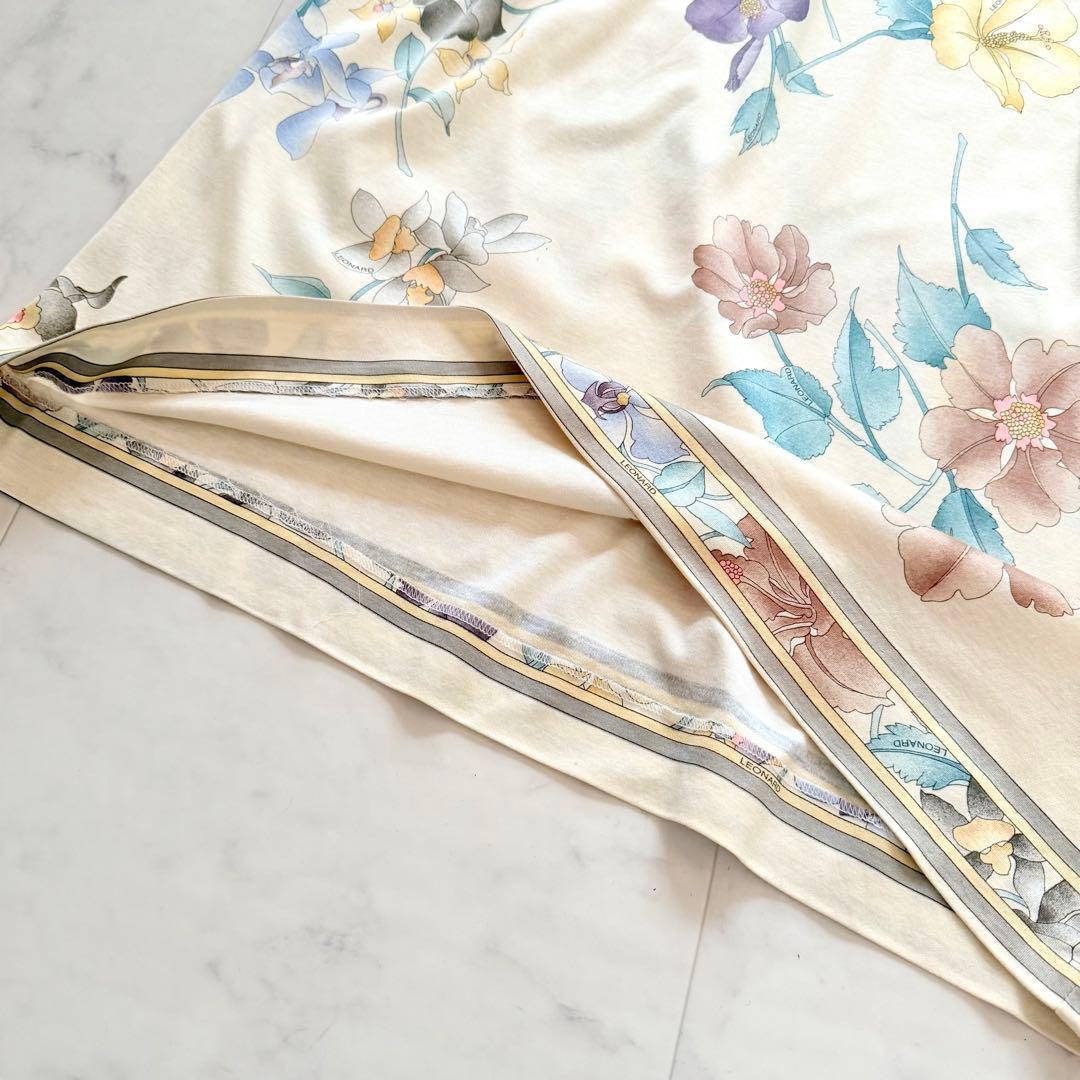 美品★レオナール ロングワンピース ベルト付き 花柄 トリム コットン L