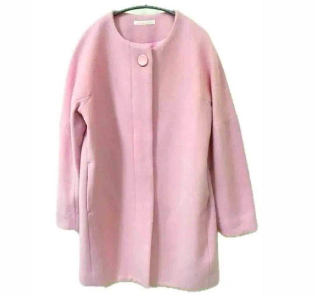 【ほぼ新品】エムドゥ　ウール90％ノーカラーコート　ピンク36