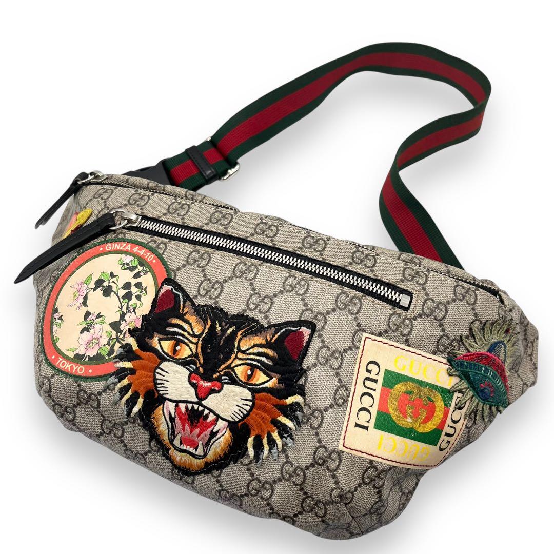 美品■グッチ　アングリーキャット　GGキャンバス　PVC　ボディバッグ