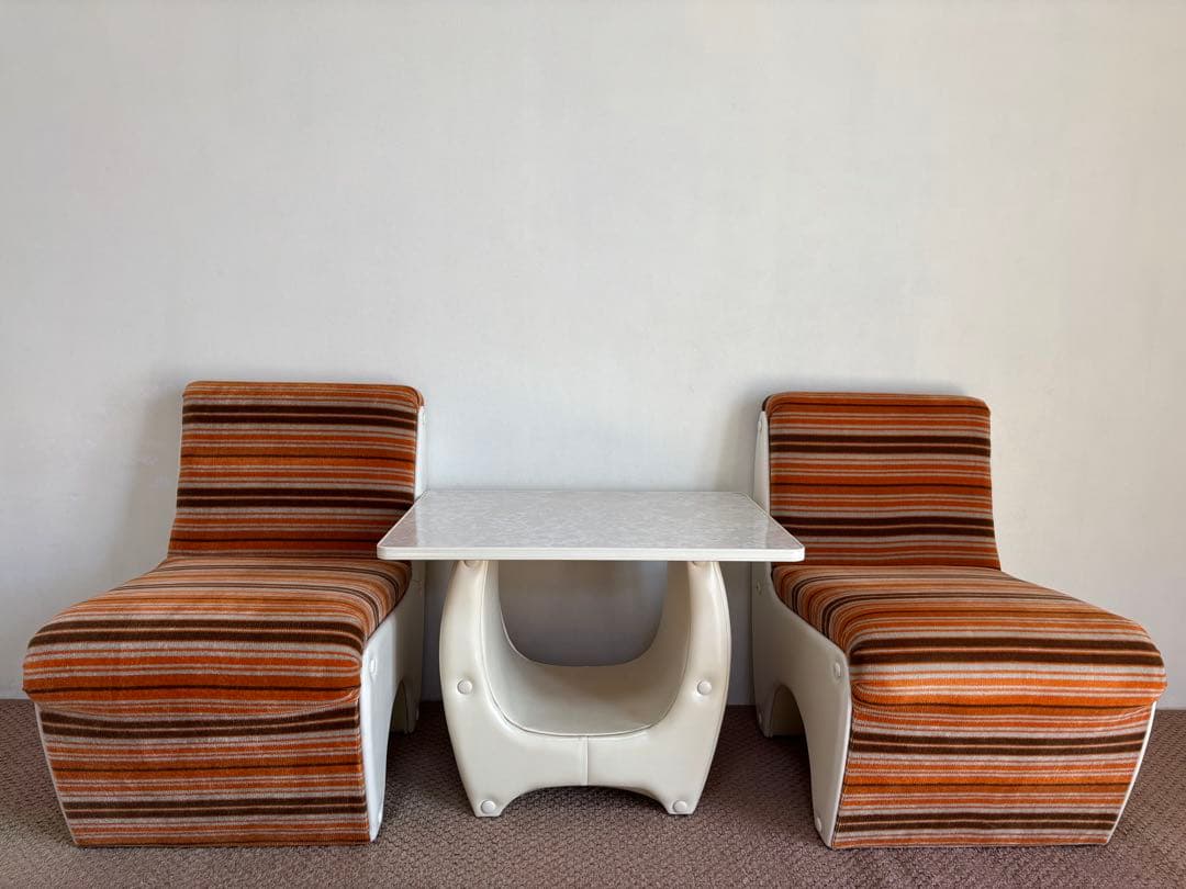 昭和レトロ◼️ミッドセンチュリー 未使用ソファセット 1970年オレンジストライプ